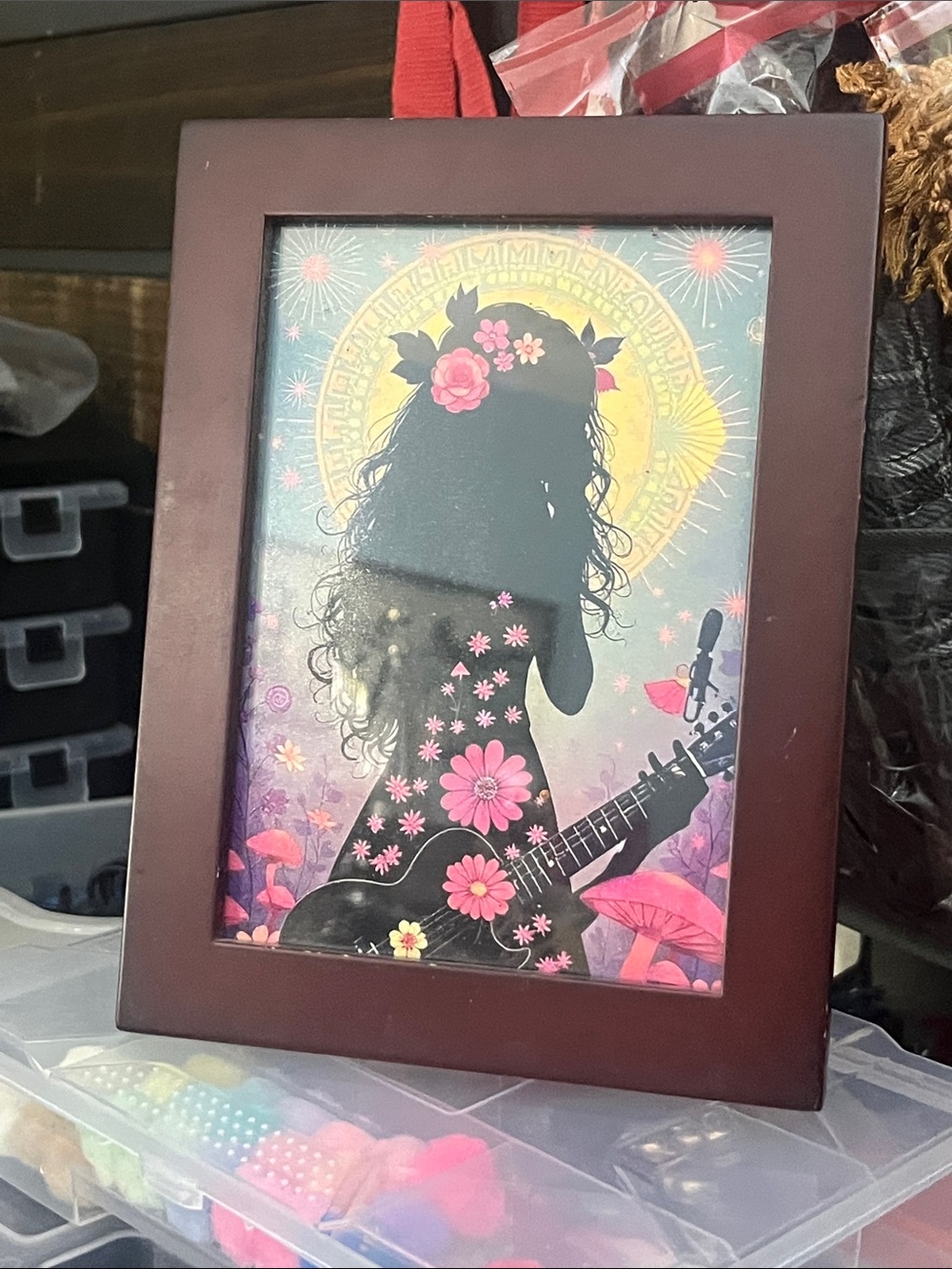 Framed Floral Silhouette girl & guitar  - Pink & Brown Solid 5 x 7” frame 445